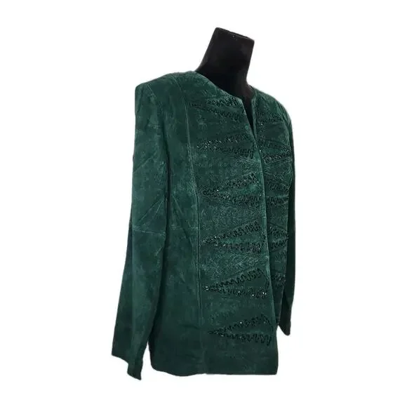 Victor Costa Occasion Vintage Green Suede Leather Beaded Open Front Jacket S - Picture 2 of 8